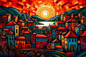 Abstract painting of a coastal village at sunset with sunset made with Ai generative technology
