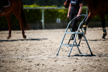 Climbing aid on a riding arena, on the right in the picture and out of focus in the background...