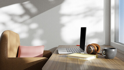 3D render laptop on the table concept work from anywhere.