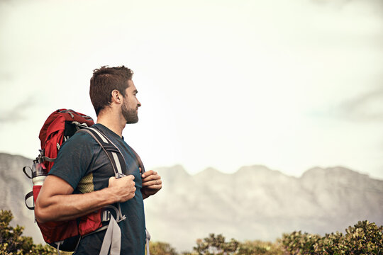 Hiking, Walking Or Man In Nature On Mountain For Fitness, Adventure Or Fun Travel Journey. Backpacker, View Or Workout Exercise With Male Hiker Trekking On Path For Training Or Freedom To Explore