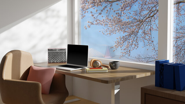 3D render laptop on the table concept work from anywhere.