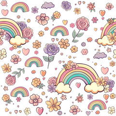 Rainbows, flowers seamless pattern with hearts and clouds. Cute kawaii magic vector repeated background with beautiful pastel abstract floral elements. Girl vintage sweet fantasy design