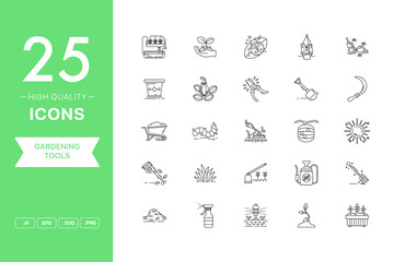 Vector set of Gardening Tools icons. The collection comprises 25 vector icons for mobile applications and websites.