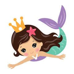 Cute sea princess mermaid vector cartoon illustration