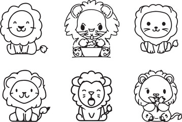 Set of Cute Lion Vector Line Art