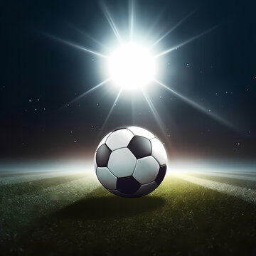 Soccer Ball at Stadium Arena when night. Generative AI