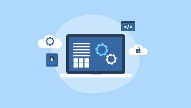 cloud computing concept, web application software development coding admin page on laptop screen, video animation.