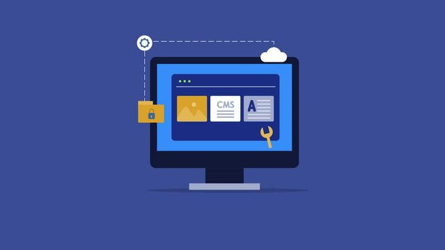 Content management software, web application interface on computer screen. Cloud technology, digital business marketing, cms video animation.