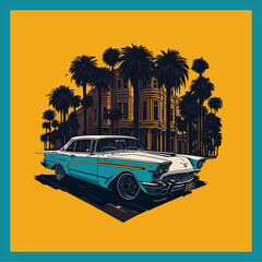 Retro poster, vector illustration, retro machine on the background of landscape from skyscrapers and palms