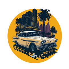 Retro poster, vector illustration, retro machine on the background the city and palms