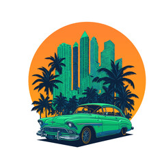 Retro poster, vector illustration, retro machine on the background of landscape from skyscrapers