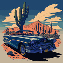 Retro poster, vector illustration, retro machine on the background of the desert landscape with cacti