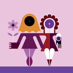 Geometric design of two abstract faceless female figures, vector illustration. Two women in dresses stand next to each other, one of them holds a flower in her hand. 