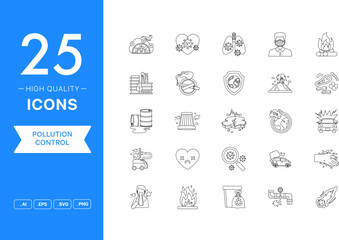 Vector set of Pollution Control icons. The collection comprises 25 vector icons for mobile applications and websites.