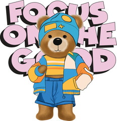 Teddy bear t-shirt print. Trend teddy bear character and slogan.
teddy bear print for kids