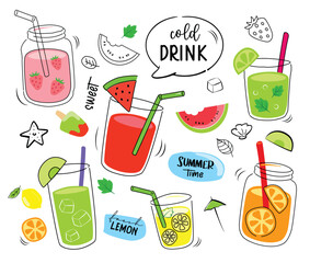 Tropical drinks summer set menu. Cold drinks with hand drawn illustration. Fruit smoothie, cocktails, alcoholic drinks. - obrazy, fototapety, plakaty