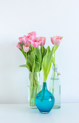 Pink tulips bouquet in three glass vases on white background copy space