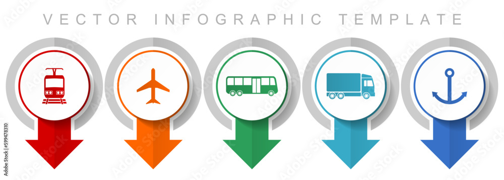 Poster transport icon set, miscellaneous pointer icons such as train, plane, bus, truck and anchor for webd
