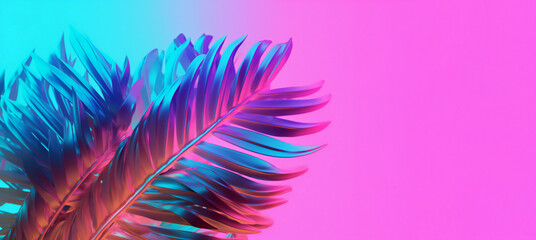 Obraz premium Tropical leaves in neon colors on light pink background. generative AI