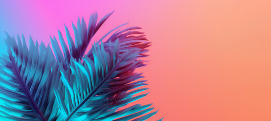 Tropical leaves in neon colors on light pink background. generative AI