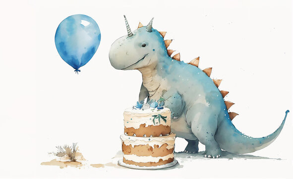  Dinosaur celebrating  birthday with birthday cake, balloons on white background. Happy holiday concept. Greeting card. Watercolor illustration, post processed AI generated image