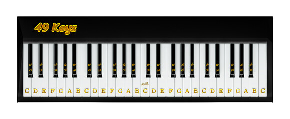 3d render 49 keys piano keyboard layout with music note symbol isolated on white background clipping path