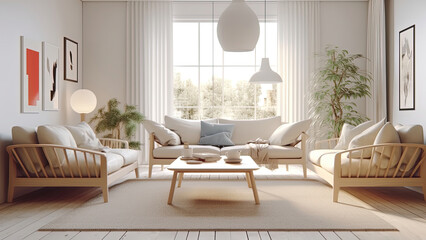 A living room filled with sunlight and offering a view. Photorealistic illustration, Generative AI