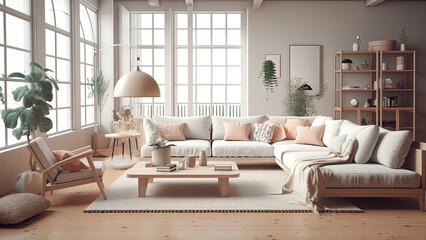 Fototapeta na wymiar A sunlit living room furnished with inviting wood furniture, complemented by a polished wood floor. Photorealistic illustration, Generative AI