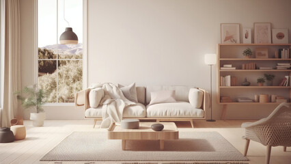 A living room with a breathtaking mountain view, boasting a serene white interior, inviting abundant sunlight. Photorealistic illustration, Generative AI