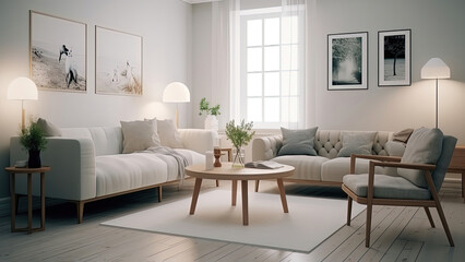 A sunlit and comfortable white living room adorned with wooden furniture and a wood floor. Photorealistic illustration, Generative AI