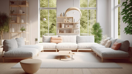 An expansive living room in a private home boasting abundant sunlight streaming through large windows. Photorealistic illustration, Generative AI