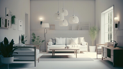 A high-ceilinged white living room bathed in sunlight pouring through a window, complementing wooden furniture and green plants. Photorealistic illustration, Generative AI