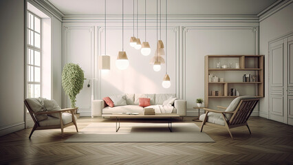 Fototapeta na wymiar A living room with a herringbone wood floor, boasting ample sunlight streaming through a window. Photorealistic illustration, Generative AI