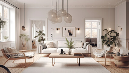 A spacious white living room adorned with wooden furniture and a wood floor filtering abundant sunlight through the large windows. Photorealistic illustration, Generative AI