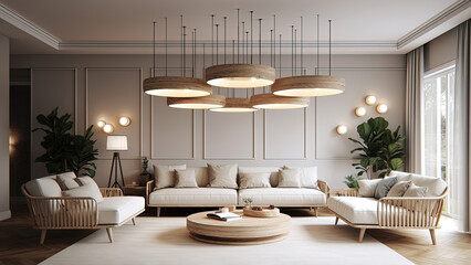 A lounge adorned with inviting wooden furniture, with ample sunlight streaming through a large window. Photorealistic illustration, Generative AI