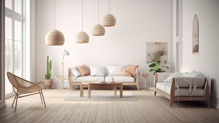 A white living room featuring a bright and pristine white interior, highlighted by sunlight streaming through a large window. Photorealistic illustration, Generative AI