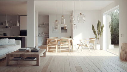 An open-plan living room with a white interior that seamlessly blends with the adjacent dining area and kitchen. Photorealistic illustration, Generative AI