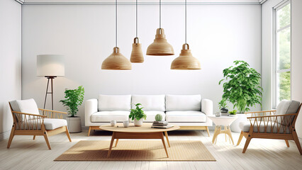 Fototapeta na wymiar A bright white living room adorned with comfortable wooden furniture, while bathed in sunlight pouring through a large window. Photorealistic illustration, Generative AI