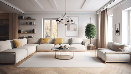 Naklejka premium A living room that boasts a white interior adorned with a tasteful wood finish. Photorealistic illustration, Generative AI