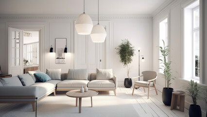 Fototapeta na wymiar A white living room that is bathed in natural sunlight pouring through the window, adorned with comfortable wooden furniture. Photorealistic illustration, Generative AI