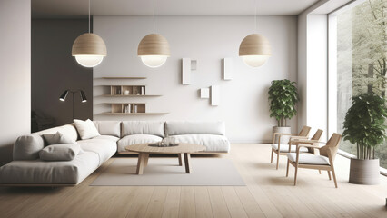 Naklejka na ściany i meble A white minimalistic living room with a floor-to-ceiling window that bathes the space in natural light. Photorealistic illustration, Generative AI