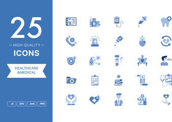 Vector set of Healthcare and Medical icons. The collection comprises 25 vector icons for mobile applications and websites.