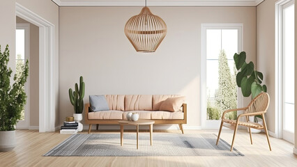 A small living room that features an inviting off-white interior, streaming sunlight through large windows creating cozy ambiance. Photorealistic illustration, Generative AI