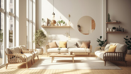 The living room that boasts a bright white interior with stylish wooden furniture offering a seamless connection to the outdoors with a balcony. Photorealistic illustration, Generative AI