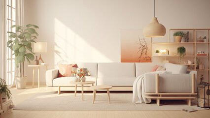 A cozy living room with a large window that fills the off-white interior with abundant sunlight. Photorealistic illustration, Generative AI
