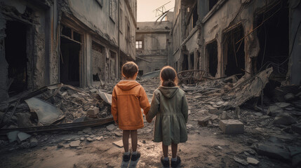 Fototapeta na wymiar Boy and girl are standing in the ruins of an old house.