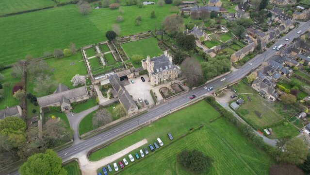 Overhead drone aerial view Bourton House Garden , Cotswold UK