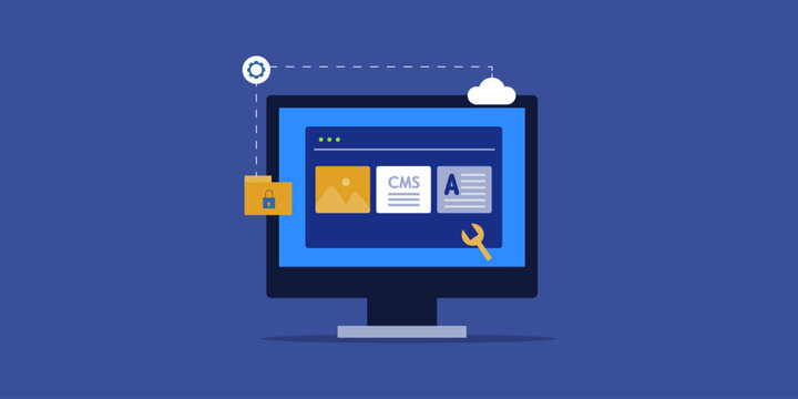 Content management software - Cloud file storage secure network, dashboard interface on computer screen. Web banner vector illustration.