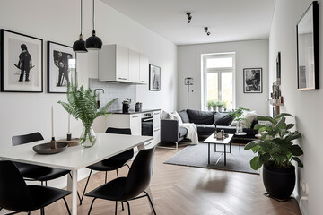 Classic living room in black and white. Interior designed with style. Generative Ai technology