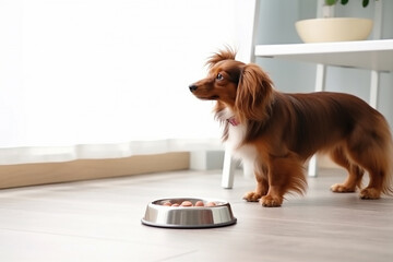 Cute Dachshund Dog standing next to the food bowl at home kitchen - obrazy, fototapety, plakaty
